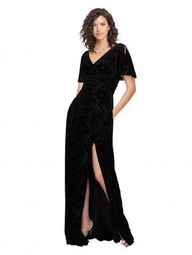 Fábrica de Costas em V Veludo Floral & Veludo Elástico Decote V Comprimento Chão Mangas Curtas, Mangas Divididas Vestidos de Madrinha