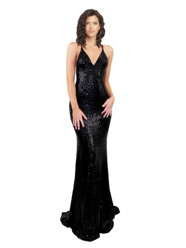Fábrica de Criss Cruz Lantejoulas Decote V Comprimento Chão Sem Mangas Longo Vestidos de Madrinha / Vestidos de Noite / Vestidos de Festa