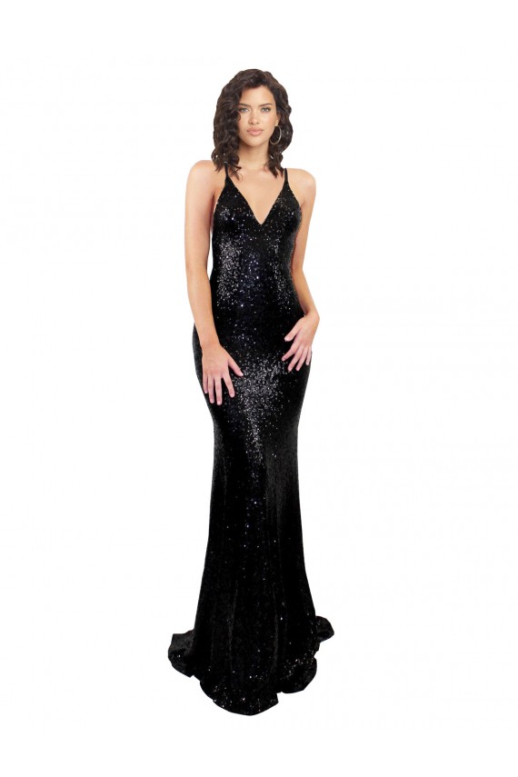 Fábrica de Criss Cruz Lantejoulas Decote V Comprimento Chão Sem Mangas Longo Vestidos de Madrinha / Vestidos de Noite / Vestidos de Festa