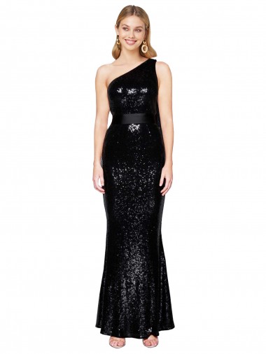 Fábrica de Lantejoulas Um Ombro Comprimento Chão Sem Mangas Vestidos de Madrinha / Vestidos de Noite / Vestidos de Festa