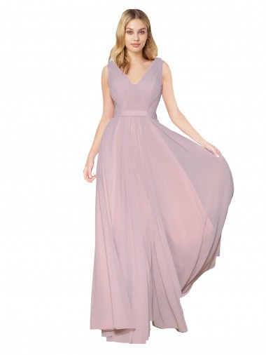 Fábrica de Costas em V Chiffon Decote V Comprimento Chão Sem Mangas Linha A Longo Vestidos de Madrinha / Vestidos de Noite / Vestidos de Festa