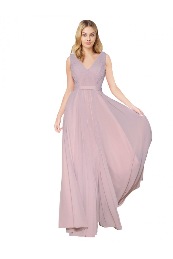 Fábrica de Costas em V Chiffon Decote V Comprimento Chão Sem Mangas Linha A Longo Vestidos de Madrinha / Vestidos de Noite / Vestidos de Festa