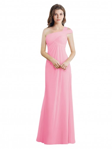 Fábrica de Chiffon Um Ombro Comprimento Chão Sem Mangas Quase Rosa Longo Vestidos de Madrinha
