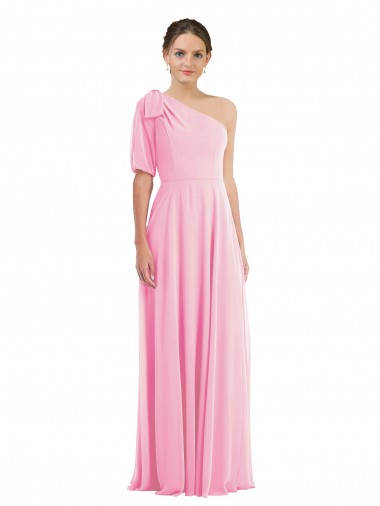 Fábrica de Chiffon Um Ombro Comprimento Chão Sem Mangas Quase Rosa Vestidos de Madrinha