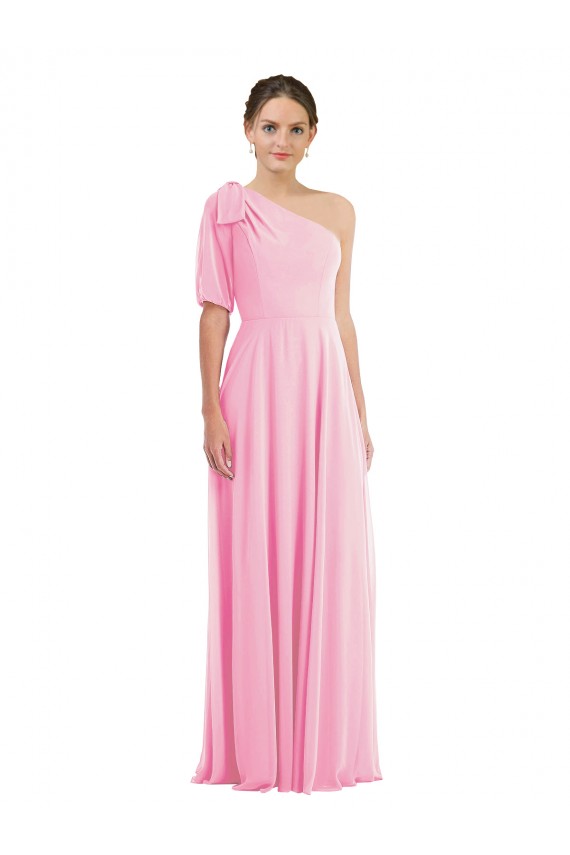 Fábrica de Chiffon Um Ombro Comprimento Chão Sem Mangas Quase Rosa Vestidos de Madrinha