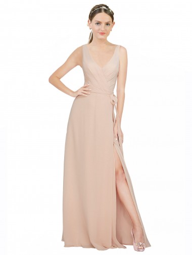 Fábrica de Chiffon Decote V Comprimento Chão Sem Mangas Rosa 114# Vestidos de Madrinha