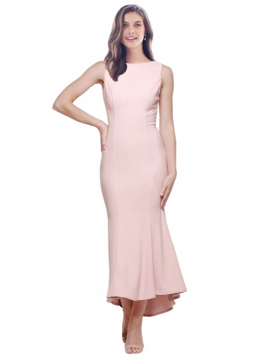 Fábrica de Lombar Crepe Esticado Decote Alto Comprimento Midi Sem Mangas Vestidos de Madrinha / Vestidos de Noite / Vestidos de Festa / Vestidos de Cocktail