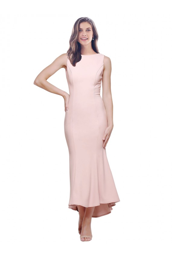 Fábrica de Lombar Crepe Esticado Decote Alto Comprimento Midi Sem Mangas Vestidos de Madrinha / Vestidos de Noite / Vestidos de Festa / Vestidos de Cocktail
