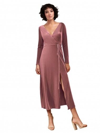 Fábrica de Veludo Elástico Decote V Comprimento Midi Mangas Compridas Vestidos de Madrinha / Vestidos de Festa
