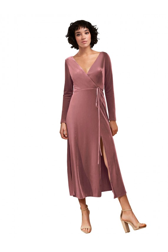 Fábrica de Veludo Elástico Decote V Comprimento Midi Mangas Compridas Vestidos de Madrinha / Vestidos de Festa