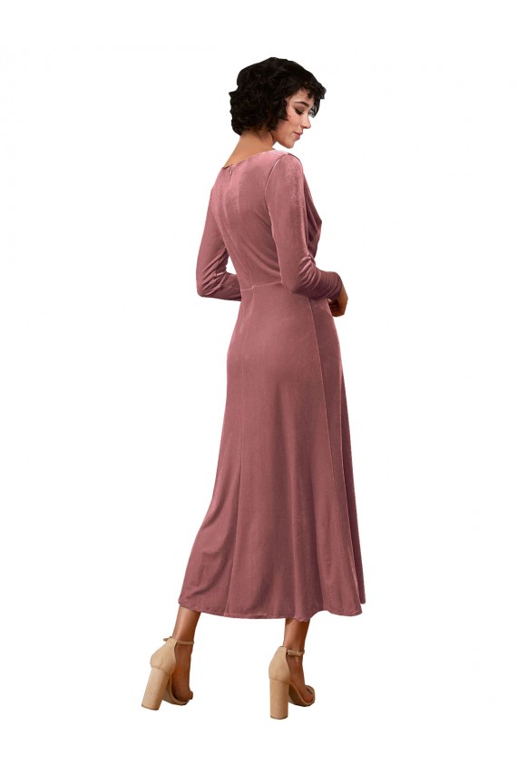 Fábrica de Veludo Elástico Decote V Comprimento Midi Mangas Compridas Vestidos de Madrinha / Vestidos de Festa