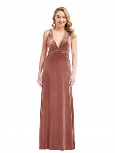 Fábrica de Criss Cruz Veludo Elástico Decote V Comprimento Chão Sem Mangas Vestidos de Madrinha / Vestidos de Noite / Vestidos de Festa