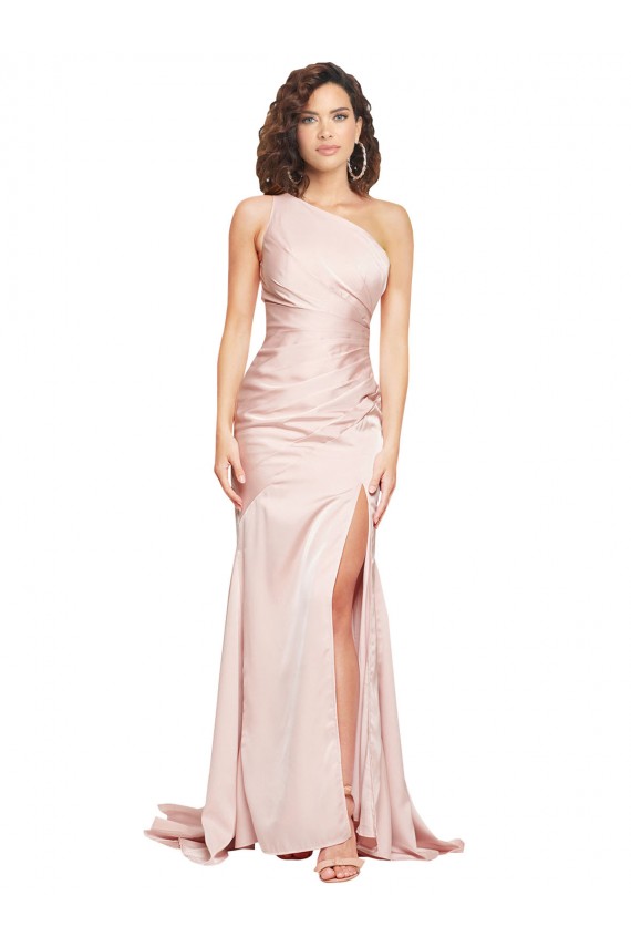 Fábrica de Cetim Sedoso Um Ombro Comprimento Chão Sem Mangas Rosa Vestidos de Madrinha / Vestidos de Noite / Vestidos de Festa