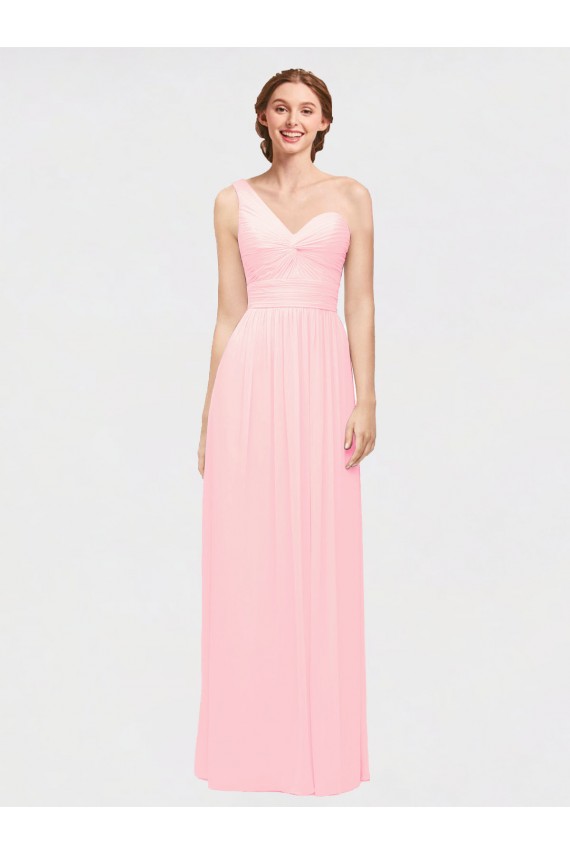 Fábrica de Chiffon Um Ombro Comprimento Chão Sem Mangas Rosa Vestidos de Madrinha