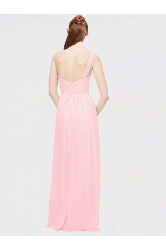 Fábrica de Chiffon Um Ombro Comprimento Chão Sem Mangas Rosa Vestidos de Madrinha
