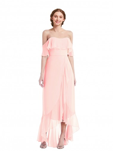 Fábrica de Chiffon Fora do Ombro Comprimento Chão Sem Mangas Alto Baixo, Vestidos de Madrinha