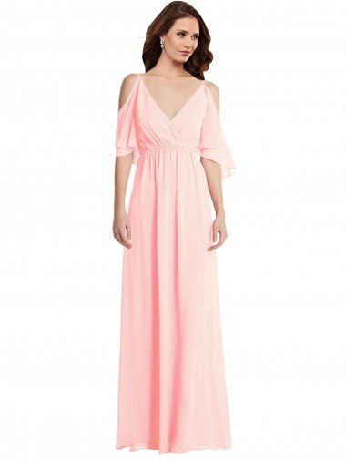 Fábrica de Costas em V Chiffon Decote V Comprimento Chão Ombro Frio Linha A Vestidos de Madrinha
