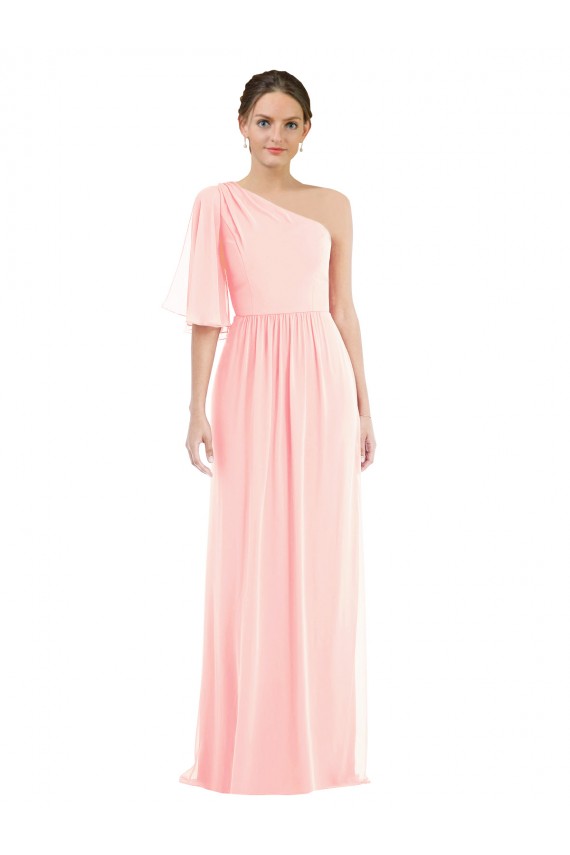 Fábrica de Chiffon Um Ombro Comprimento Chão Mangas Sino Vestidos de Madrinha