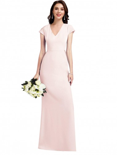 Fábrica de Crepe Esticado Decote V Comprimento Chão Mangas Curtas Vestidos de Madrinha / Vestidos de Noite / Vestidos de Festa