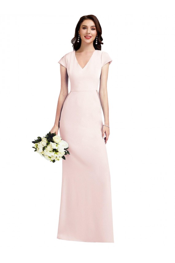 Fábrica de Crepe Esticado Decote V Comprimento Chão Mangas Curtas Vestidos de Madrinha / Vestidos de Noite / Vestidos de Festa
