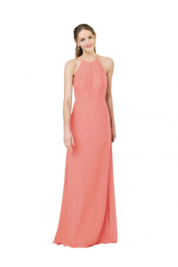 Fábrica de Buraco da fechadura Chiffon Cabeçada Comprimento Chão Sem Mangas Rosa Deserto Vestidos de Madrinha