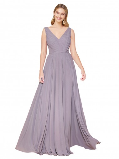 Fábrica de Costas em V Chiffon Decote V Comprimento Chão Sem Mangas Linha A Vestidos de Madrinha / Vestidos de Noite / Vestidos de Festa