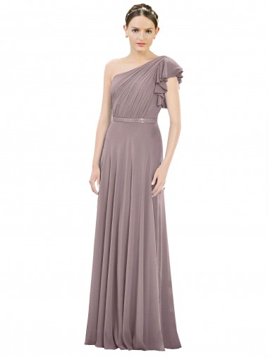 Fábrica de Chiffon Um Ombro Comprimento Chão Sem Mangas Rosa Empoeirada Vestidos de Madrinha