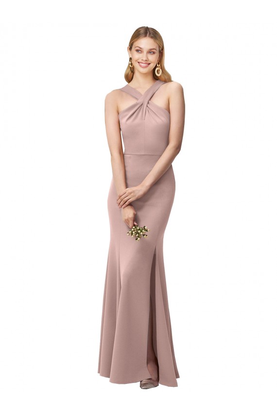 Fábrica de Criss Cruz Crepe Esticado Cabeçada Comprimento Chão Sem Mangas Longo Vestidos de Madrinha / Vestidos de Festa