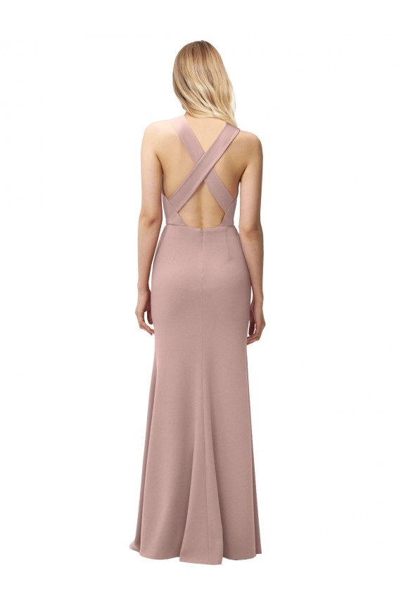 Fábrica de Criss Cruz Crepe Esticado Cabeçada Comprimento Chão Sem Mangas Longo Vestidos de Madrinha / Vestidos de Festa
