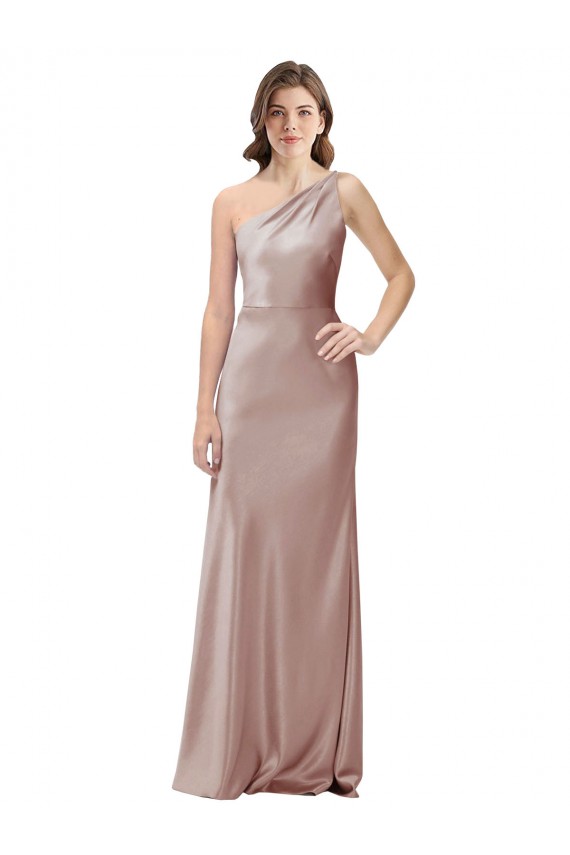 Fábrica de Abrir de volta Cetim Elástico Um Ombro Comprimento Chão Sem Mangas Longo Vestidos de Madrinha / Vestidos de Noite / Vestidos de Festa