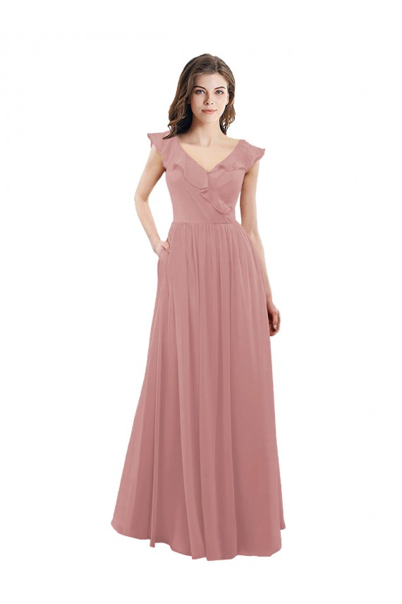 Fábrica de Costas em V Chiffon Decote V Comprimento Chão Mangas Curtas Rosa Empoeirado Vestidos de Madrinha