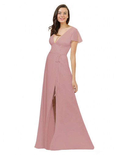 Fábrica de Costas em V Chiffon Decote V Comprimento Chão Mangas Esvoaçantes Rosa Empoeirado Vestidos de Madrinha