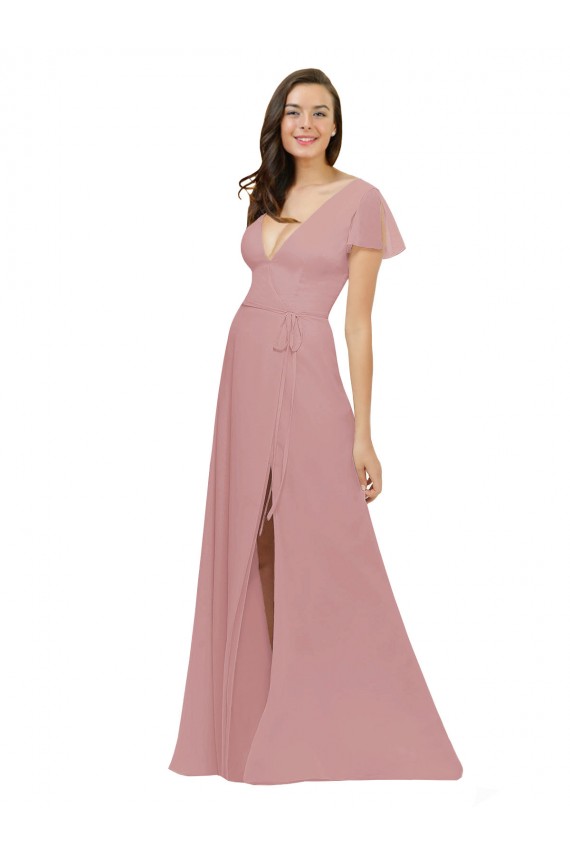 Fábrica de Costas em V Chiffon Decote V Comprimento Chão Mangas Esvoaçantes Rosa Empoeirado Vestidos de Madrinha