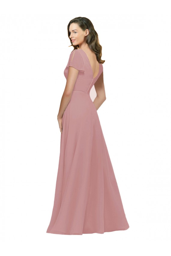 Fábrica de Costas em V Chiffon Decote V Comprimento Chão Mangas Esvoaçantes Rosa Empoeirado Vestidos de Madrinha
