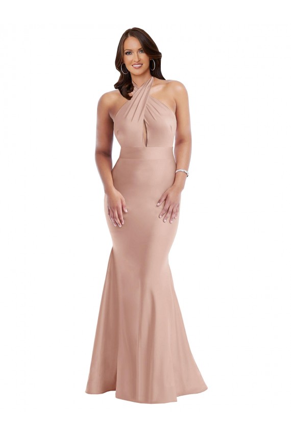 Fábrica de Abrir de volta Cetim Sedoso Cabeçada Comprimento Chão Sem Mangas Sereia Vestidos de Madrinha / Vestidos de Noite / Vestidos de Festa