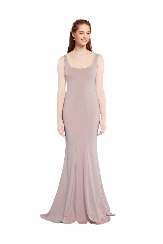 Fábrica de Crepe Esticado Colher Comprimento Chão Mangas Curtas Vestidos de Madrinha / Vestidos de Noite / Vestidos de Festa