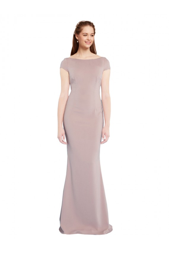 Fábrica de Amarrar para trás Crepe Esticado Decote Barco Comprimento Chão Mangas Curtas Vestido de Madrinha / Vestido de Noite