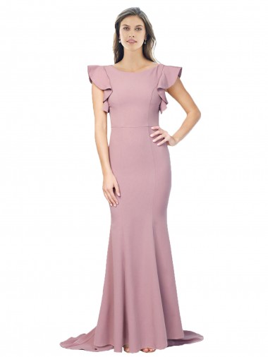 Fábrica de Costas em V Crepe Esticado Decote redondo Comboio Varredela Mangas Esvoaçantes Vestidos de Madrinha / Vestidos de Noite / Vestidos de Festa