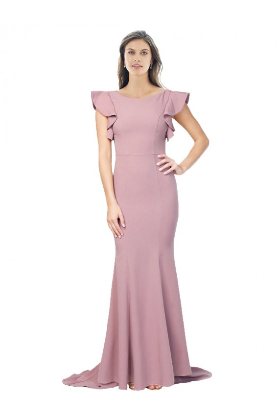Fábrica de Costas em V Crepe Esticado Decote redondo Comboio Varredela Mangas Esvoaçantes Vestidos de Madrinha / Vestidos de Noite / Vestidos de Festa