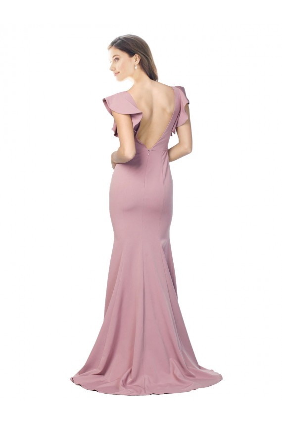 Fábrica de Costas em V Crepe Esticado Decote redondo Comboio Varredela Mangas Esvoaçantes Vestidos de Madrinha / Vestidos de Noite / Vestidos de Festa
