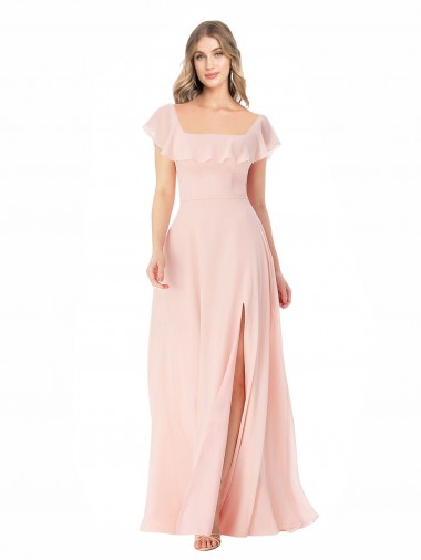 Fábrica de Chiffon Decote Quadrado Comprimento Chão Mangas Curtas Vestidos de Madrinha