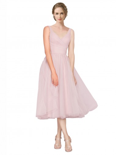 Fábrica de Costas em V Tule Decote V Comprimento Chá Sem Mangas Vestidos de Madrinha / Vestidos de Cocktail / Vestidos de Homecoming