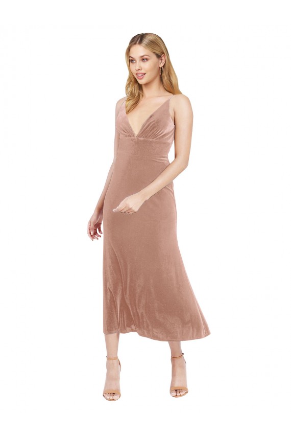 Fábrica de Costas em V Veludo Elástico Decote V Comprimento Midi Sem Mangas Vestidos de Madrinha / Vestidos de Festa / Vestidos de Cocktail / Vestidos de Homecoming