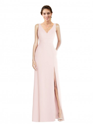 Fábrica de Lombar Crepe Esticado Decote V Comprimento Chão Sem Mangas Linha A Longo Vestidos de Madrinha / Vestidos de Festa