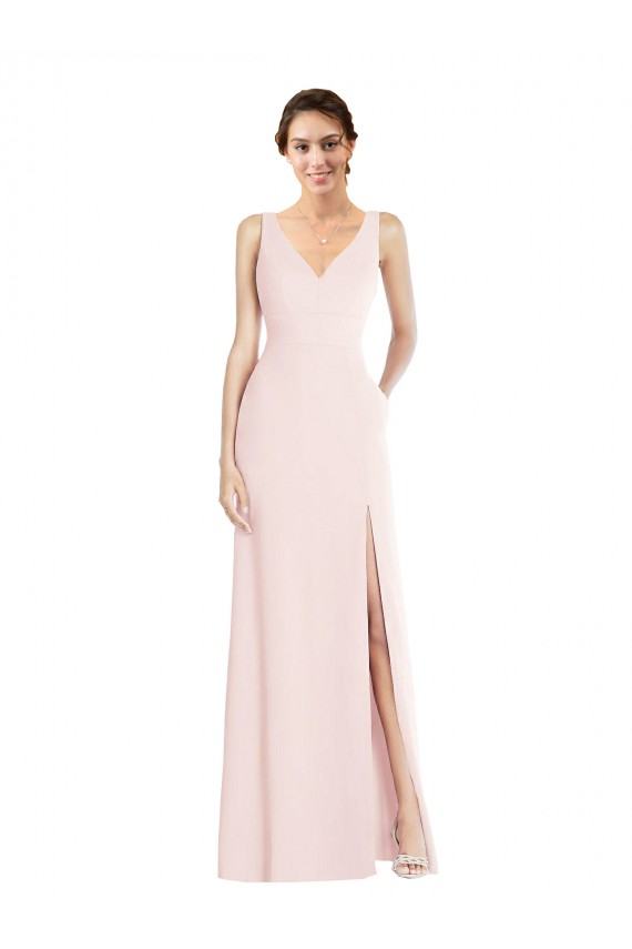 Fábrica de Lombar Crepe Esticado Decote V Comprimento Chão Sem Mangas Linha A Longo Vestidos de Madrinha / Vestidos de Festa