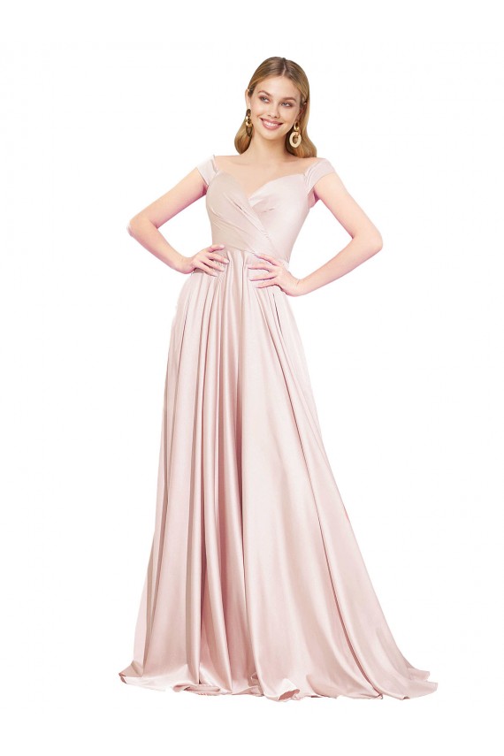 Fábrica de Cetim Fora do Ombro Comprimento Chão Sem Mangas Longo Vestidos de Madrinha / Vestidos de Noite / Vestidos de Festa