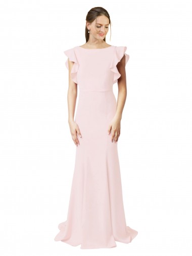 Fábrica de Costas em V Crepe Esticado Decote Joia Comboio Varredela Mangas Folhos Vestidos de Madrinha / Vestidos de Festa