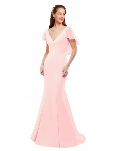 Fábrica de Costas em V Chiffon Decote V Comprimento Chão Mangas Esvoaçantes Sereia Vestidos de Madrinha