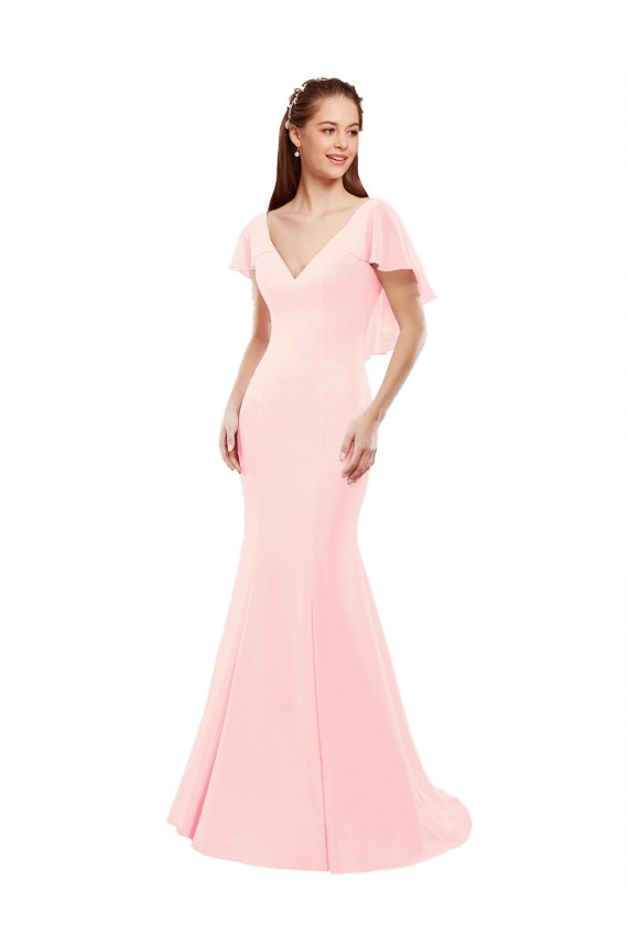 Fábrica de Costas em V Chiffon Decote V Comprimento Chão Mangas Esvoaçantes Sereia Vestidos de Madrinha