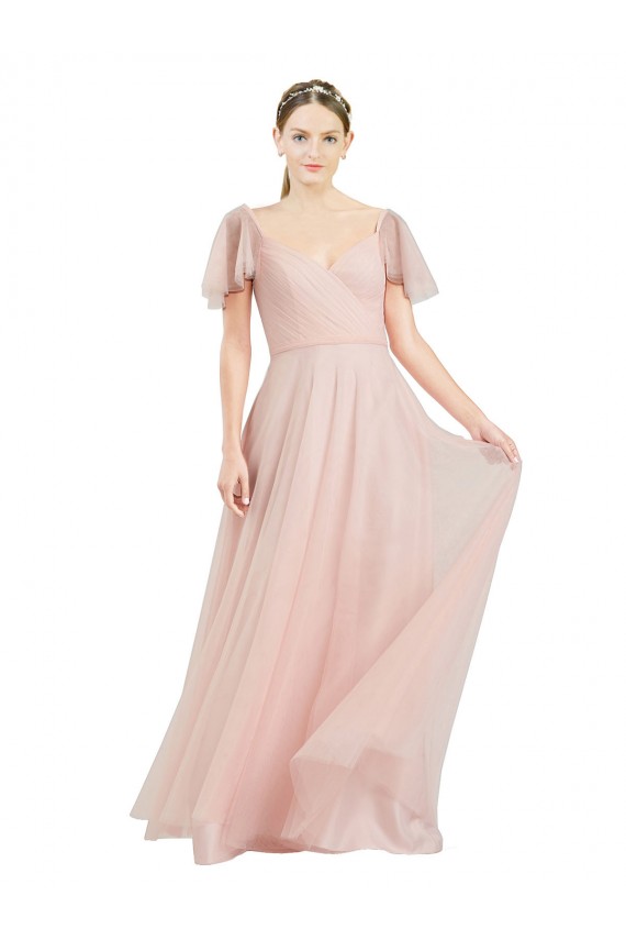 Fábrica de Tule Decote V Comprimento Chão Mangas Esvoaçantes Vestidos de Madrinha
